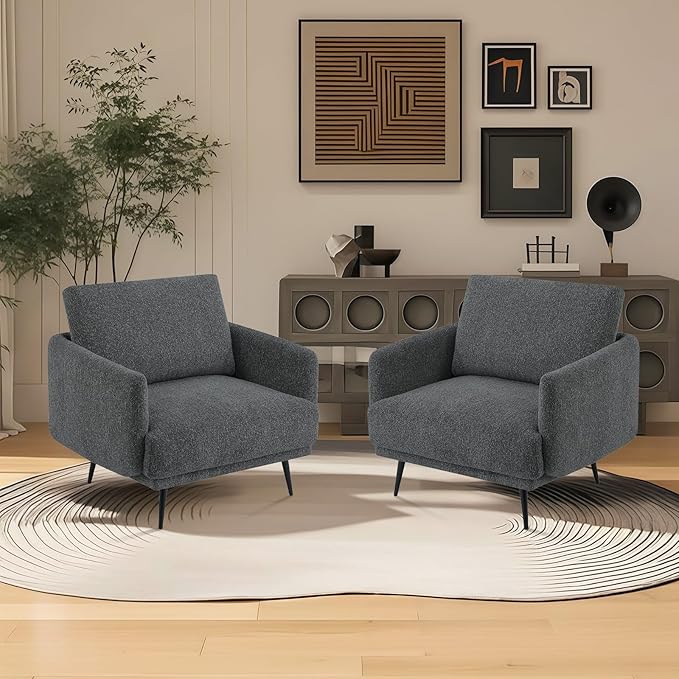 Oversized Accent Chair for Living Room Cozy Reading Chairs Mid-Century Modern Accent Chairs Armchair with Metal Legs Single Sofa Chair for Home Office (Set-of-2, Chenille Fabric- Dark Grey)
