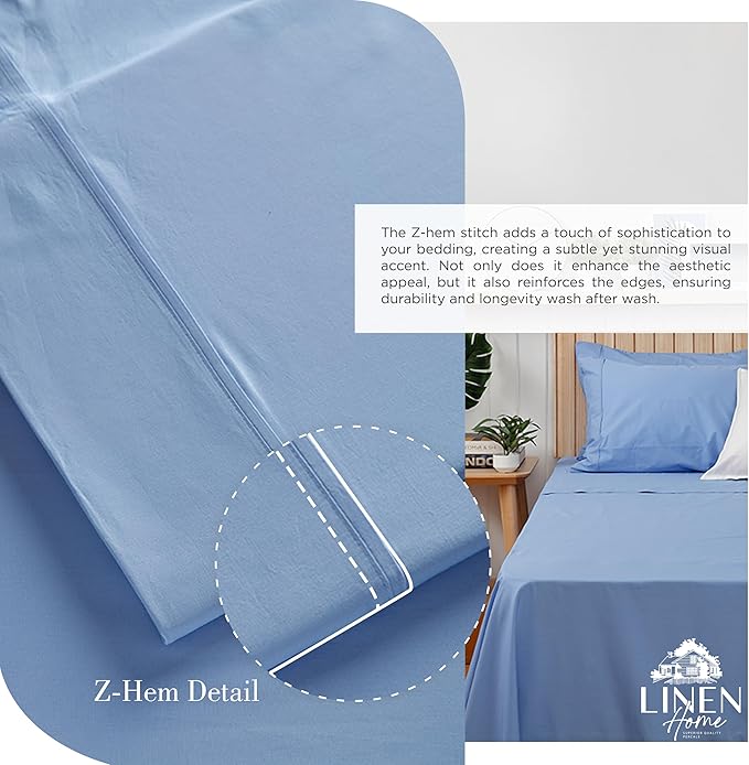 Linen Home 100% Cotton Percale Sheets King Size, Baby Blue, Deep Pocket, 4 Pieces Set - 1 Flat, 1 Deep Pocket Fitted Sheet and 2 Pillowcases, Crisp Cool and Strong Bed Linen