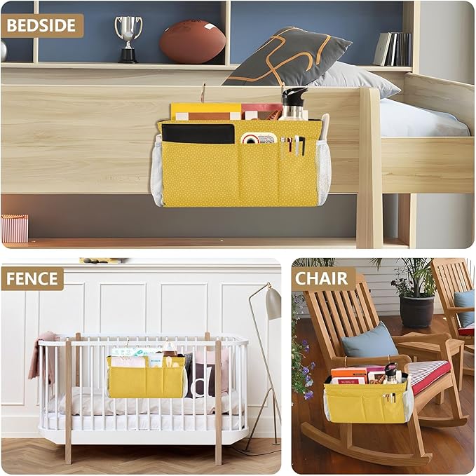 Bedside Caddy Hanging Bunk Bed Caddy Bed Organizer Hanging Pocket with 2 Hooks Bedside Storage Organizer Pocket Bag Holder Yellow
