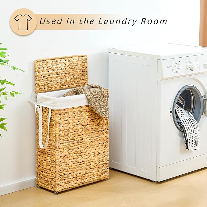 Handwoven Slim Laundry Hamper with Lid, 55L Natural Water Hyacinth Basket and Handles, Narrow Wicker Laundry Basket with Removable Liner Bag & 2 Mesh Bags