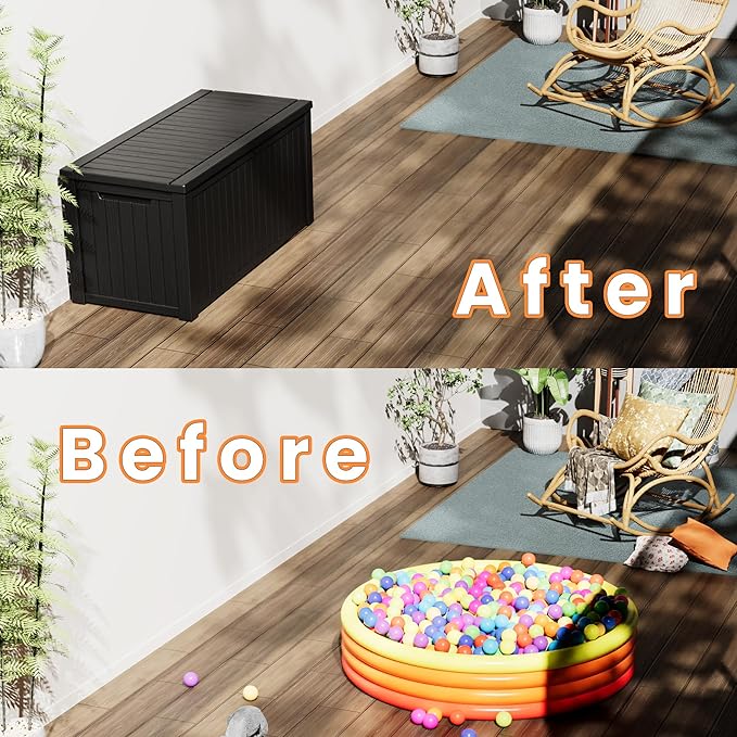 Outdoor Storage Box Waterproof, 200 Gallon Lockable Resin Large Deck Box, Patio Storage Bin for Pool Accessories Cushion Furniture, Garden Tools, UV-Resistant Outside Delivery, Black