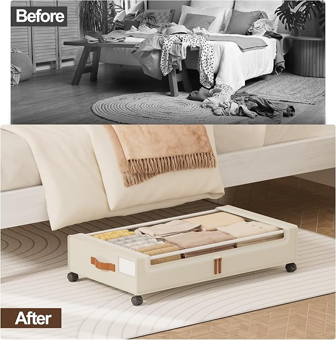 LAMU Under Bed Storage with Wheels, 2 Pack Under Bed Storage Containers with Clear Lid, XXL 60L Underbed Storage Bins, Rolling Under Bed Metal Drawers for Clothes, Blankets, Shoes, Beige
