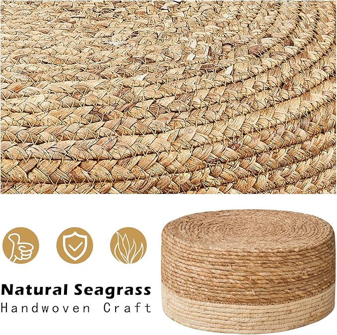 Wimarsbon Round Foot Stool Natural Seagrass Poufs Ottoman Hand Weave Footrest Stool for Couch Desk Extra Seat Step Stool with Solid Wood Legs for Hallway Patio Lounge White