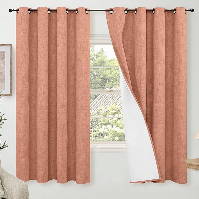 60 Inch Wide Linen Blackout Fall Curtains for Bedroom, Terracotta Curtains 63 Inch Long 2 Panels, Total Black Out Thermal Insulated Energy Saving Boho Window Drapes, 60x63 Inch 2 Panels
