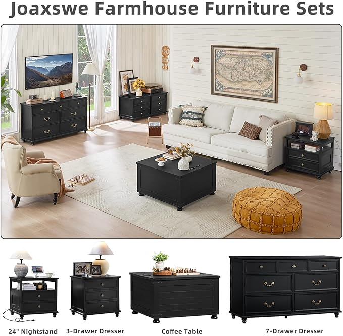 24" Wide Farmhouse Nightstand Set of 2, 54" 7 Drawers Dresser, 45" Tall Rustic Chests of 5 Drawers w/ 4 Solid Wood Feet, Farmhouse Furniture Series for Living Room,Bedroom,Black