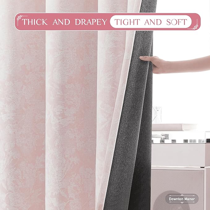 Beauoop Pink Floral Jacquard Blackout Curtains 63 Inches Long 2 Panels for Girls Bedroom Living Room Chenille Flower Room Darkening Thermal Soundproof Rod Pocket Back Tab Window Drapes, 52x63
