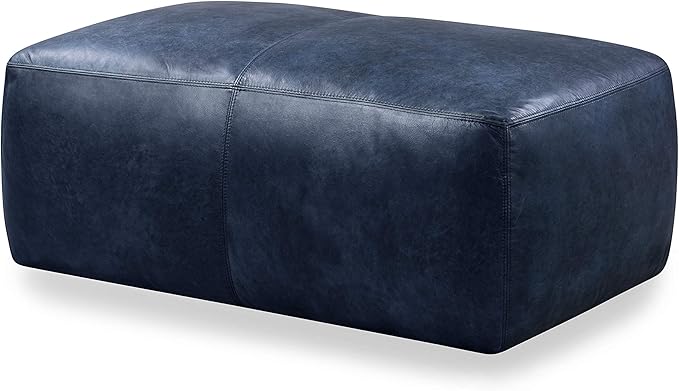 POLY & BARK Denver Ottoman – 43" Large Pouf with Feather-Down Topper – Full-Grain Leather Upholstered Pouf Ottoman for Living Room – Vintage Italian Leather in Midnight Blue