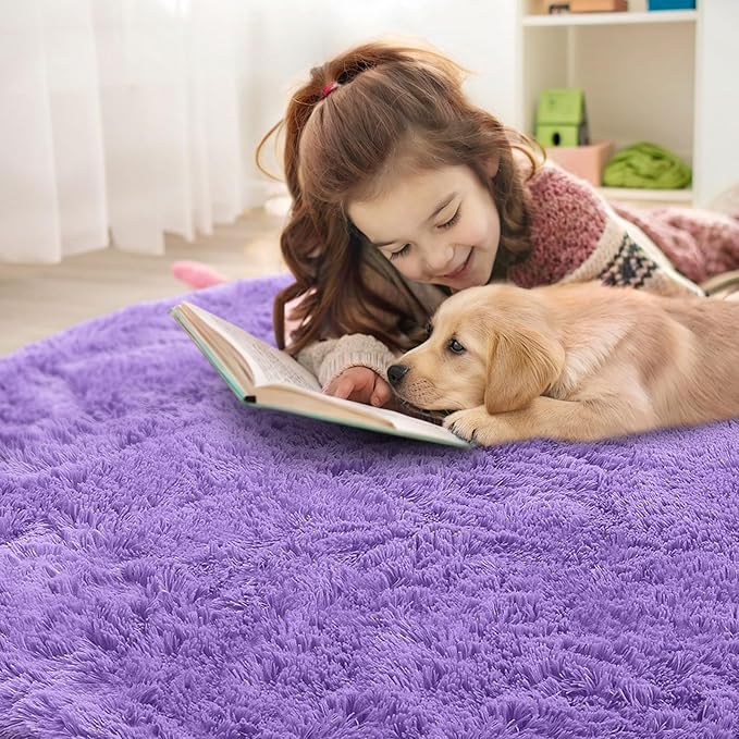 OLANLY Purple Round Rugs for Bedroom - Machine Washable, 3 ft Circle Area Rugs for Living Room, Soft and Fluffy Shaggy Carpet for Teen Girls and Boys, Nursery Rooms, Dorms, Home Decor Aesthetic