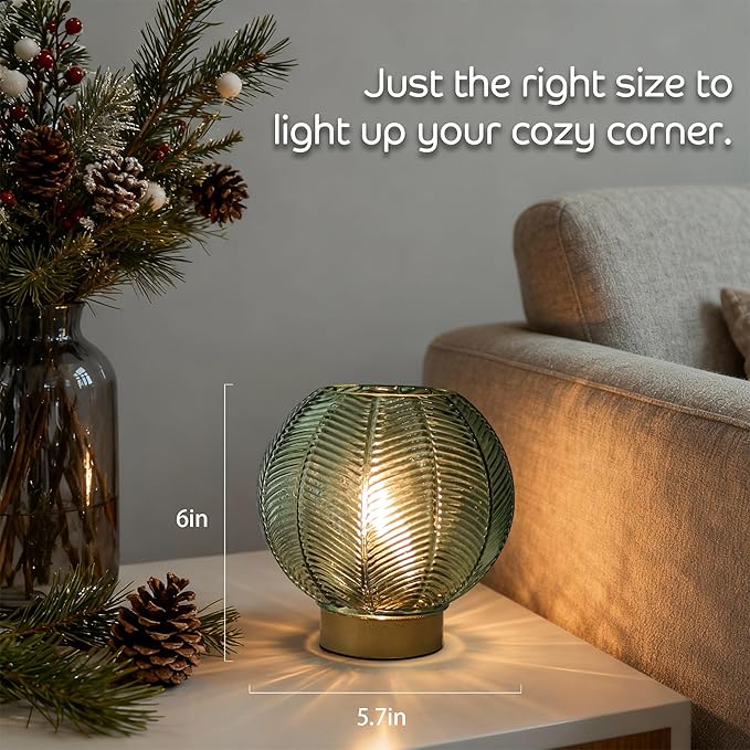 Battery Powered Lamp with Timer, Cordless Battery Operated Table Lamp with LED Bulb, Decorative Small Lamp Glass for Nightstand Bedside Bedroom Living Room-Green