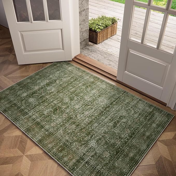 Washable 2x3 Entryway Rug, Boho Non-Slip Door Mat Vintage Distress Small Rugs for Kitchen Nursery Office Bedroom, 0.3" Neutral Oriental Throw Carpet with Cushioning Pad, Grass Green/Multi