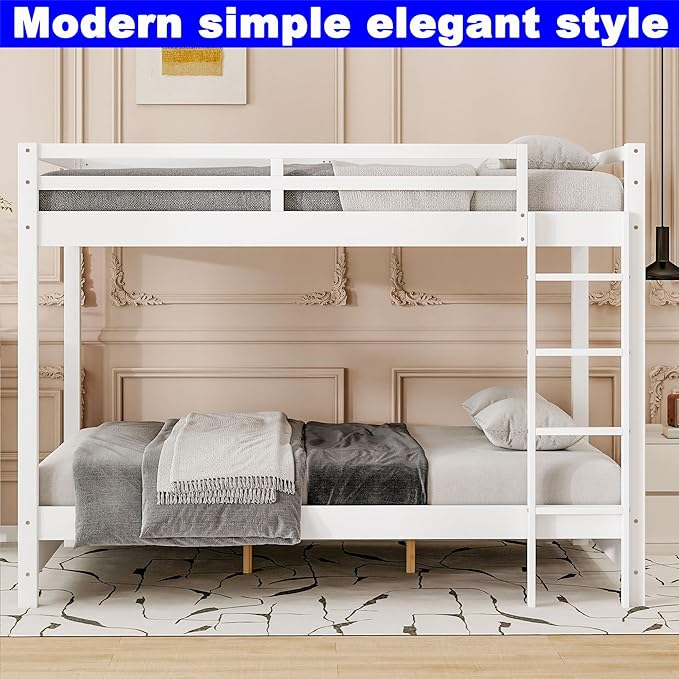 Upgraded Version Thicken Solid Wood Queen Over Queen Bunk Bed, Best Wooden Bunk Bed for Adults, Easy to Assemble (White)