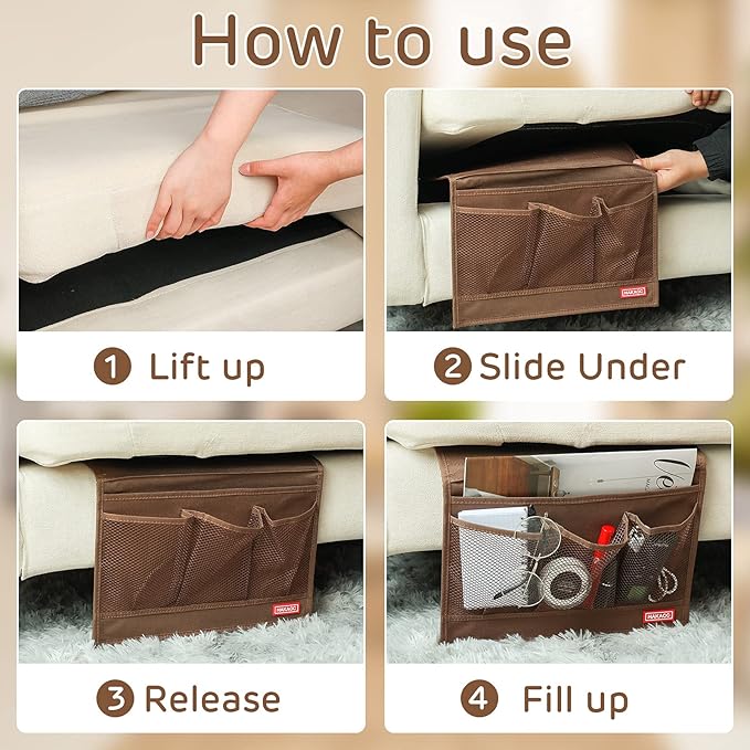 HAKACC Bedside Storage Organizer, Remote Control Holder, Bed Pockets Bedside Caddy Storage for Table Cabinet Phone Glasses, Brown