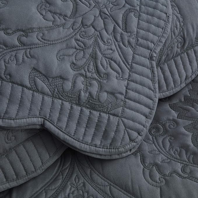 CHIXIN Bedspread Coverlet Quilt Set Full Size - Lightweight Bedding Cover - Beautiful Stitching - 5 Piece Reversible Bedspread - Gorgeous Damask Paisley Pattern (Full, Dark Grey)