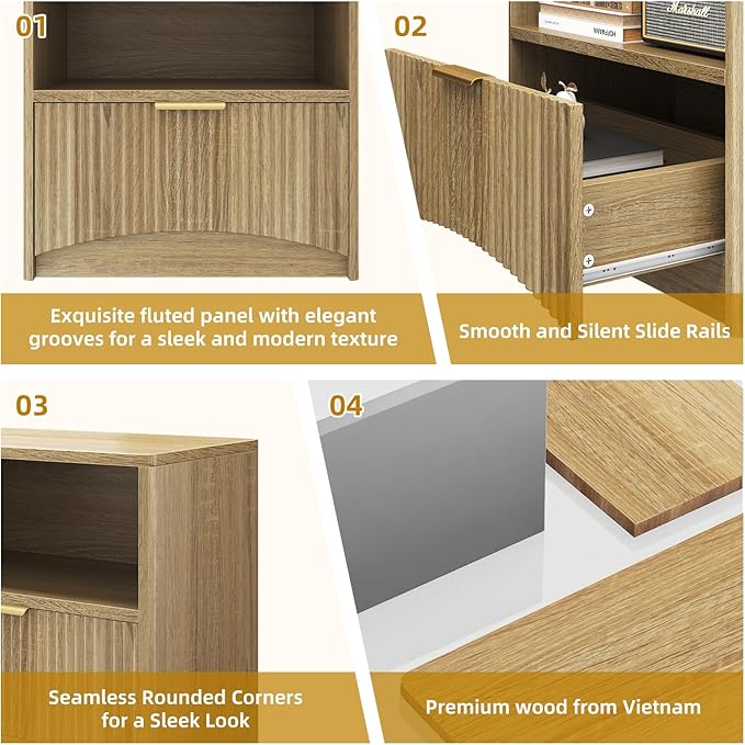 Fluted Nightstand Set of 2, MCM Mid Century Modern Bedside Tables with Drawer and Open Shelf, Minimalist Wood Bedside Table Fluted End Tables for Bedroom, Natural Oak