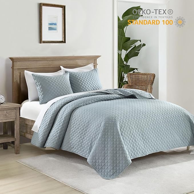 HORIMOTE HOME Quilt Queen Size Chambray Blue, Lightweight Quilts for Summer Ultra-Soft Microfiber Modern Style Quilted Clouds Pattern Bedspread Quit Set 3 Pieces(1 Quilt and 2 Pillow Shams)