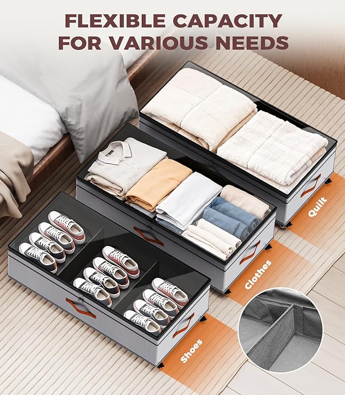 Under Bed Storage, 35.5 inches Under Bed Storage with Wheels, Large Capacity UnderBed Containers with Clear Lids, 2Pcs Rolling Under the Bed Storage for Clothes, Shoes, Blankets Black (Deep Gray)