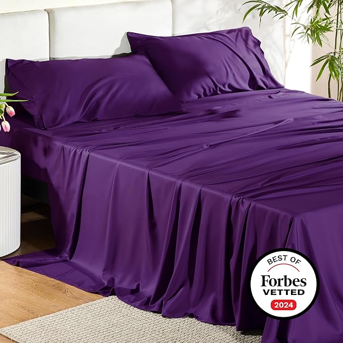 Bedsure Queen Sheet Set, Rayon Derived from Bamboo, Cooling Sheets, Breathable & Soft, Deep Pocket Up to 16 Inches, Hotel Luxury Silky Bedding for Hot Sleepers, Plum