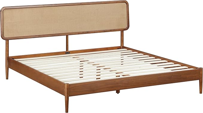 NTC Lupin Wooden Bed Frame with Headboard, Crafted from Walnut, Rubber Wood with Silent Slats and Wood Central Supports, 1000 Lb Capacity, Effortless Assembly, King - Dark Walnut