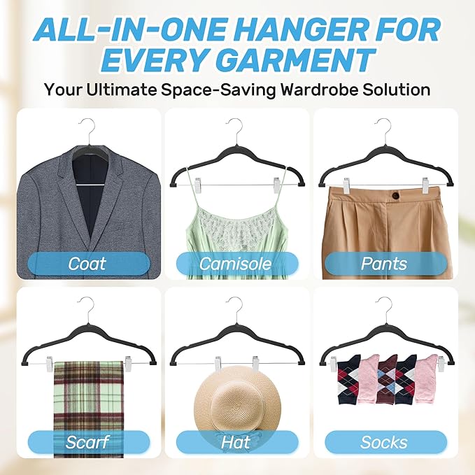 20 Pack Velvet Pants Hangers with Adjustable Clips, Heavy Duty Slim Non-Slip Flocked Hangers, Space-Saving Felt Clothes Hangers for Pants, Skirts, Jeans, and Dresses(Black)