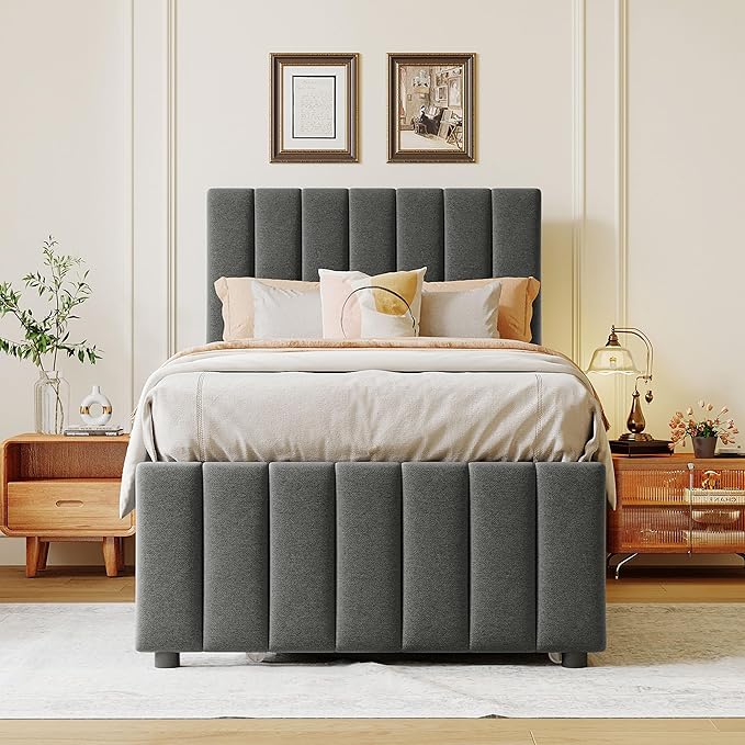 Twin Size Bed Frame with Trundle Bed and Storage Drawers,Linen Upholstered Bed Frame,Twin Size Trundle Bed with Adjustable Headboard,Upholstered Platform Bed Twin for Kids Teens Adults,Gray