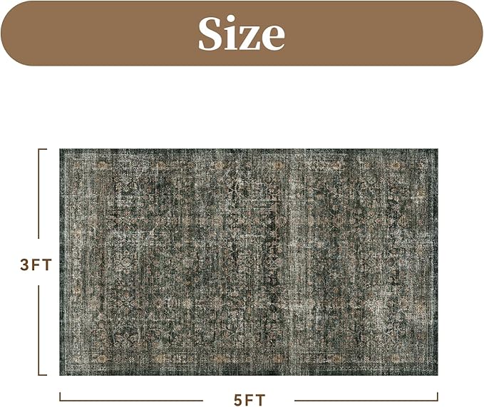 MontVoo-Vintage Area Rug 3x5 Green Rugs for Living Room-Soft Distressed Printed Rugs for Bedroom-Non Slip Carpet-Machine Washable Rug for Dining Room Living Room Bedside Office