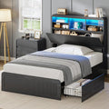 AOGLLATI Twin Bed Frames with 4 Storage Drawers and Hidden Storage Headboard, Black Led Fluted Twin Bed with Charging Station and Curved Profile Design, Noiseless,No Box Spring Needed, Black