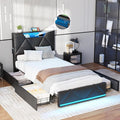 Vabches Twin Bed Frame with Storage Headboard and 4 Drawers,Upholstered Platform with Charging Station and Led Lights,Adjustable Headboard with Pu Leather,No Box Spring Needed,Black