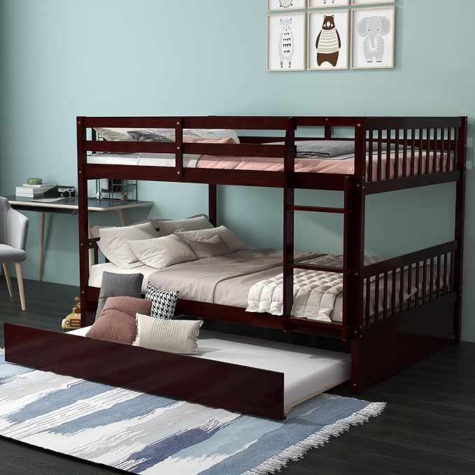 KOMFOTT Wood Full Over Full Bunk Bed with Trundle, Full Bed Frame with Ladder, Solid Wood Frame & Safety Guardrails, Space-Saving Bunk Bed for Teens & Adults, No Box Spring Needed
