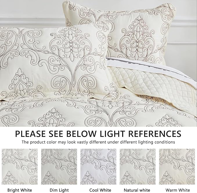 CHIXIN Bedspread Coverlet Set Queen Size - Lightweight Bedding Cover - Beautiful Stitching - 5 Piece Reversible Bedspread - Luxury Damask Paisley Pattern (Queen, Ivory)