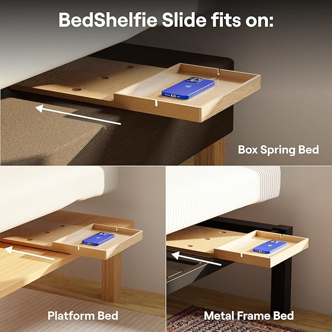 BedShelfie Bedside Shelf for Bunk Bed & Top Bunk, College Dorm Room & Loft Nightstand, Floating Bed Side Table Tray Storage - Natural Wood Slide