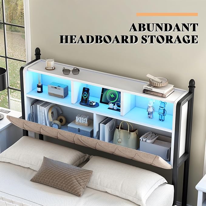 AMERLIFE Full Size Bed Frame with Bookcase Headboard and 4 Storage Drawers, Wooden Platform Bed with Charging Station and LED Light, No Box Spring Needed/Noise-Free, White