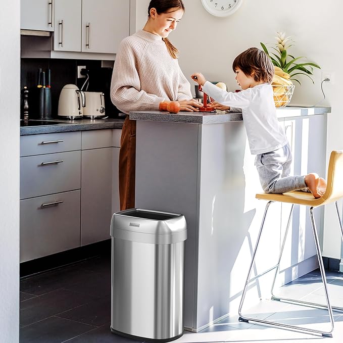 iTouchless 13 Gallon / 50L Open Top Trash Can, Oval Stainless Steel with Double AbsorbX Odor Filters – Fingerprint-Resistant Modern Kitchen and Office Waste Bin for Hassle-Free Disposal