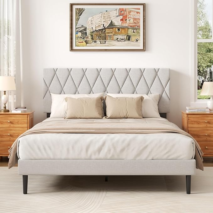 Queen Size Bed Frame with Diamond Tufted Headboard, Linen Upholstered Platform Bed and Wooden Slat Support, Noise-Free, No Box Spring Needed, Easy Assembly, Light Grey