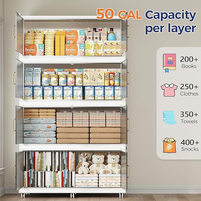 200GAL Extra Large Storage Bins with Lid, 800QT Collapsible Organizer with Wheels, Stackable Closet Cabinet with Doors, Folding Storage Containers for Home, Office, Kitchen, 4Pack White