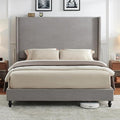 Queen Bed Frame with 63" Tall Headboard, Horizontal Fine Corduroy Bed Frame with Wingback, Upholstered Platform Bed, Vintage Solid Wood Gourd Legs, No Box Spring Needed, Gray