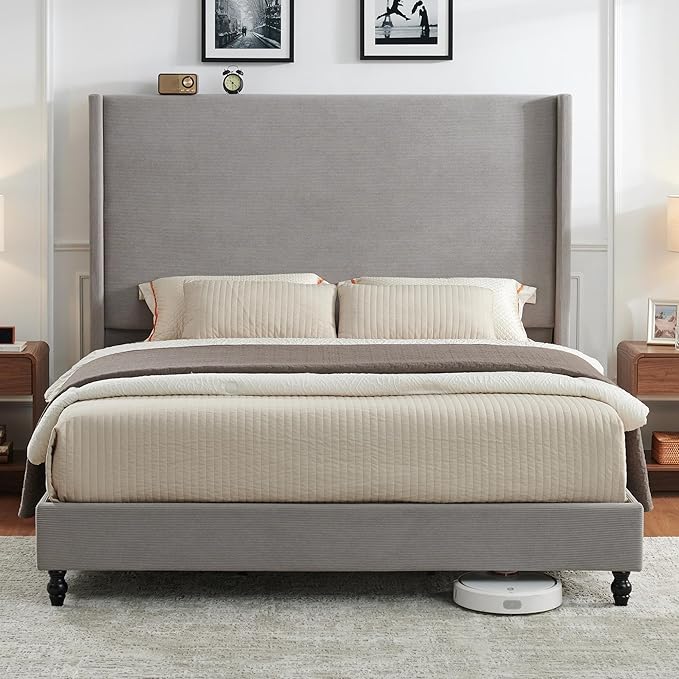 Queen Bed Frame with 63" Tall Headboard, Horizontal Fine Corduroy Bed Frame with Wingback, Upholstered Platform Bed, Vintage Solid Wood Gourd Legs, No Box Spring Needed, Gray