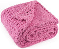 Chunky Knit Throw Blanket 60"X 80", 100% Handmade with Soft Chenille Yarn, 4.4lbs Thick Cable Knitted Blankets, Large Rope Knot Crochet Throws for Couch Sofa Bed Home Decor, Hot Pink