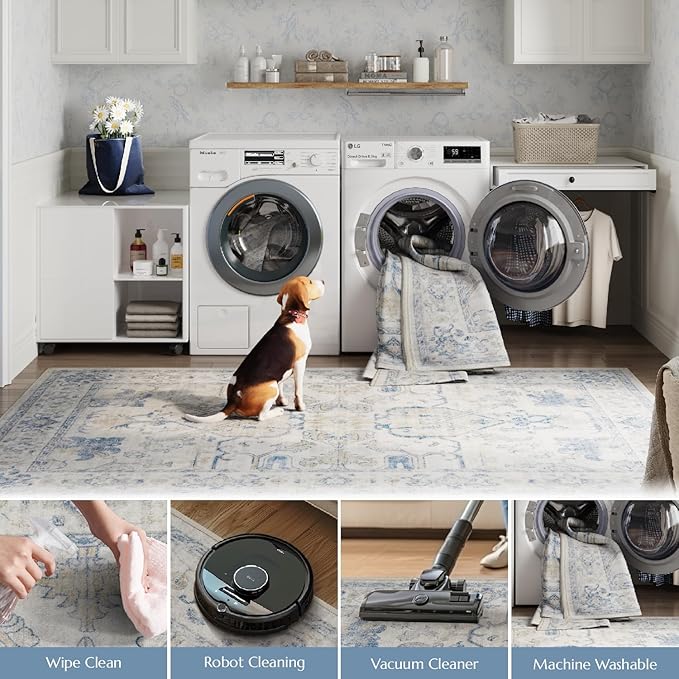 jinchan Hallway Runner Rug 3x8 Machine Washable - Vintage Floral Non-Slip Low-Pile Soft Ultra-Thin Faux Wool Kitchen Rug Distressed Carpet Runner for Farmhouse Bedroom Laundry Room (3x8ft, Blue)