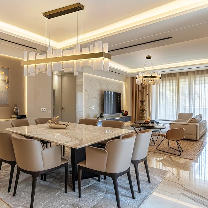 Alabaster Rectangle Chandelier, Natural Spanish Stone Texture Chandeliers, 46.8" Adjustable Alabaster Chandelier Over Table for Dining Room, Bedroom, Island– Modern Luxury Ceiling Lighting