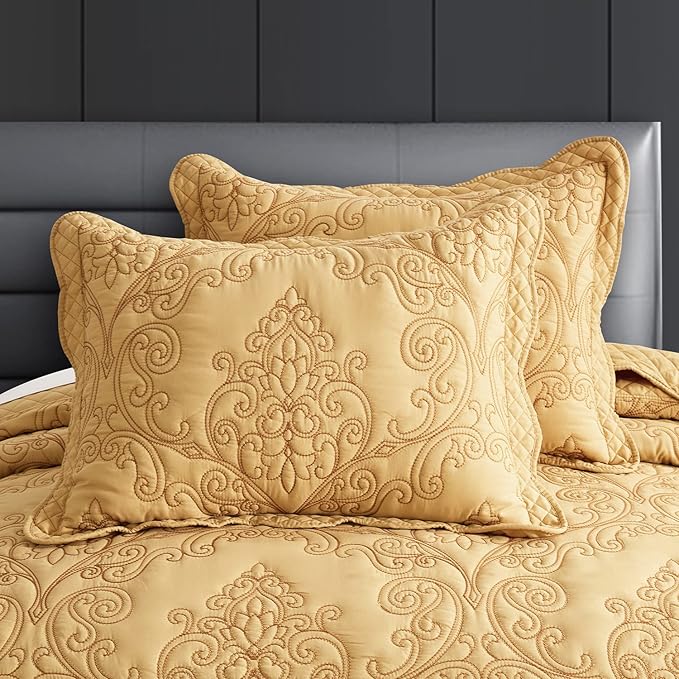 CHIXIN Microfiber King Pillow Shams Set of 2 - Decorative Quilted Pillow Covers - Honey-Gold - Size (20" x 36")