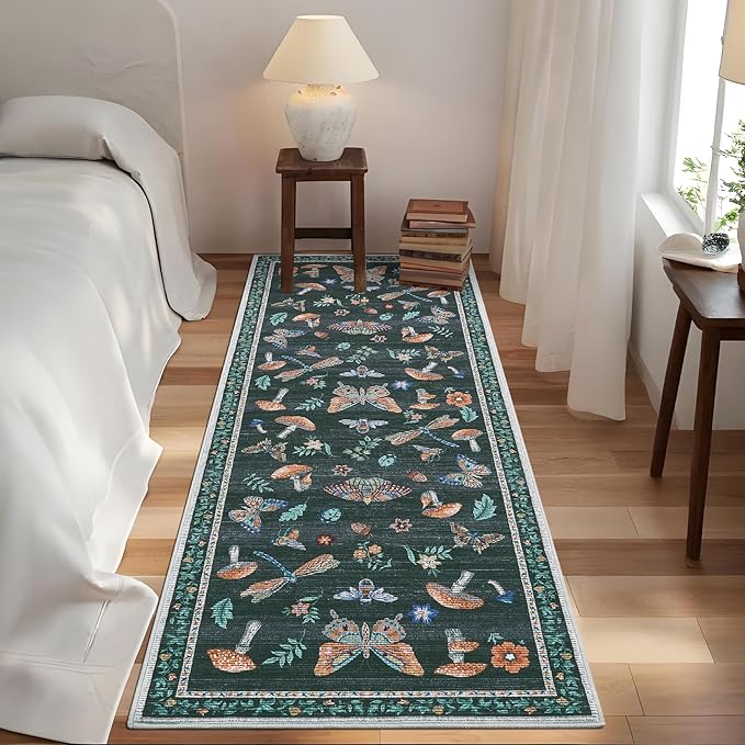 2.5x8 Runner Rug for Hallway Washable Kitchen Rugs Non Slip with Rubber Back Mushroom Soft Low-Pile Stain Resistant Foldable Indoor Carpet for Entryway Laundry Room Floor Mats Black