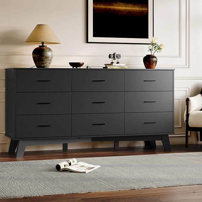 Dresser for Bedroom with 9-Drawer, 59" Wide Modern Chest of Drawers with Metal Handles, X-Shape Base & Adjustable Center Leg, Anti-Tip Closet Organizers and Storage