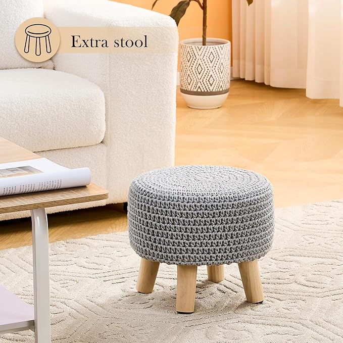 LGENHOOM Boho Ottoman Foot Stool Cotton Knitted Round Pouf Ottoman Foot Rest Stool with Non-Skid Wooden Legs Step Stool Padded Seat for Living Room Gray