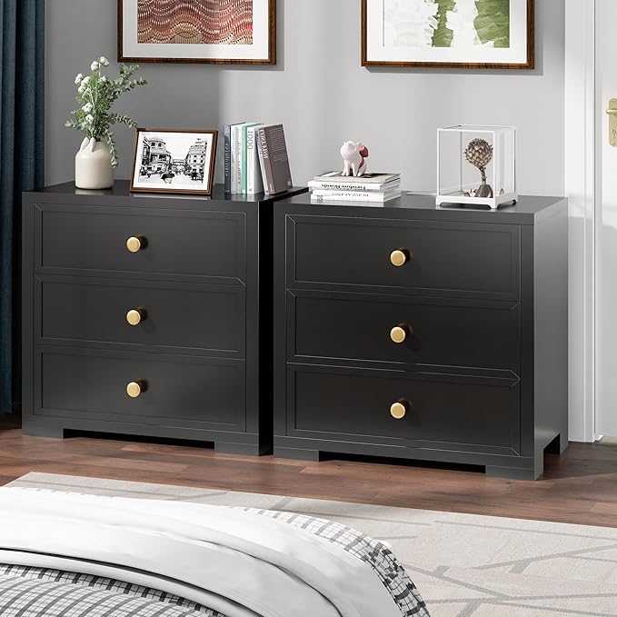 COWMOU Nightstand with Drawers 3 Drawer Night Stand with Charging Station Farmhouse Style Large Bed Side Table for Bedroom Living Room (1, Black)