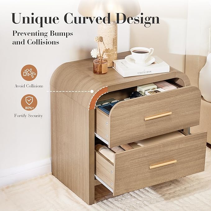 Night Stand [Unique Curved Profile] [FSC-Certified Wooden Board] 2-Drawer Nightstand 24" H Metal Handle Modern Sturdy Bedside Table Side Table End Table