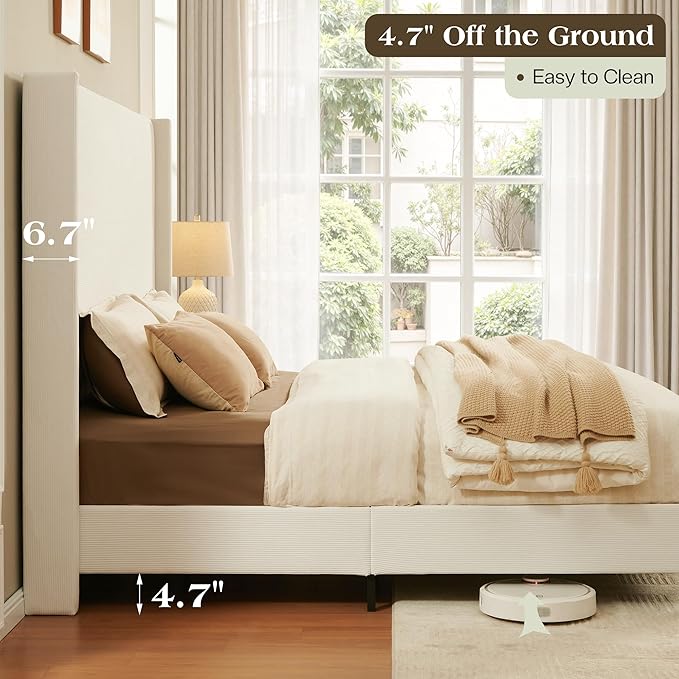 Queen Bed Frame with 63" Tall Headboard, Horizontal Fine Corduroy Bed Frame with Wingback, Upholstered Platform Bed, Vintage Solid Wood Gourd Legs, No Box Spring Needed, Cream