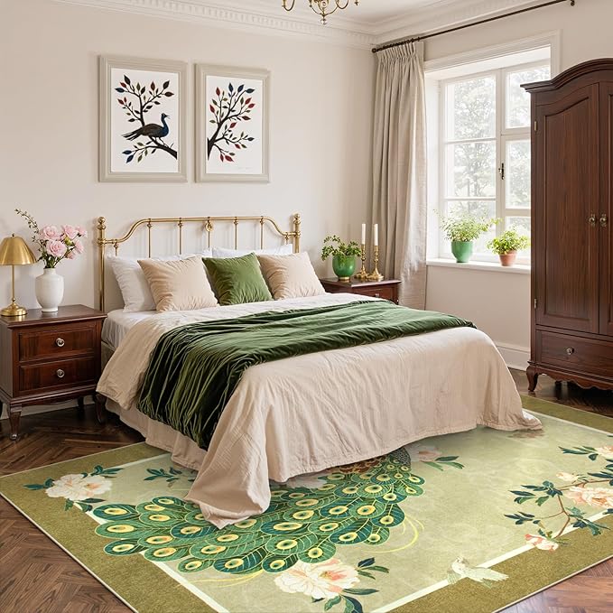 Lahome Peacock Area Rugs 8x10, Soft Washable 8x10 Rugs for Living Room, Floral Non Slip Vintage Ultra-Thin Stain Resistance Large Carpet for Bedroom Office Farmhouse Dining Room, Beige