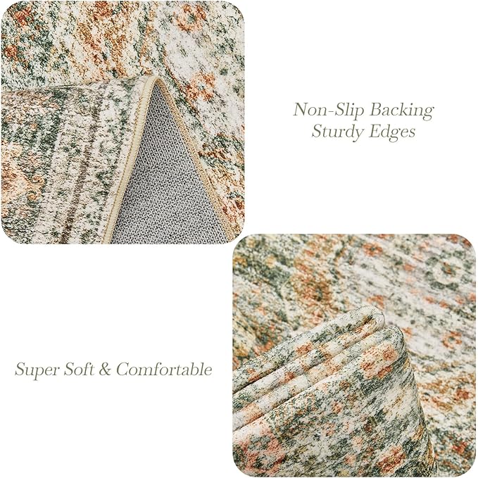 5x7 Area Rugs Green Orange Low Pile Indoor Washable Trendy Faded Style Rugs for Bedroom Living Room Dining Room Foldable Non-Slip Thin Print Mat