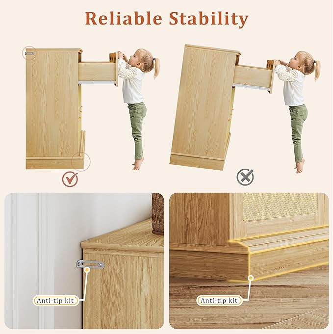 9 Drawer Dresser for Bedroom, 60 Inch Long Dressers & Rattan Chest of Drawers, Large TV Stand for 55, 65, 70 Inch TV, Boho Style, Modern Dresser for, Living Room, Entryway, Bedroom, Natural Oak