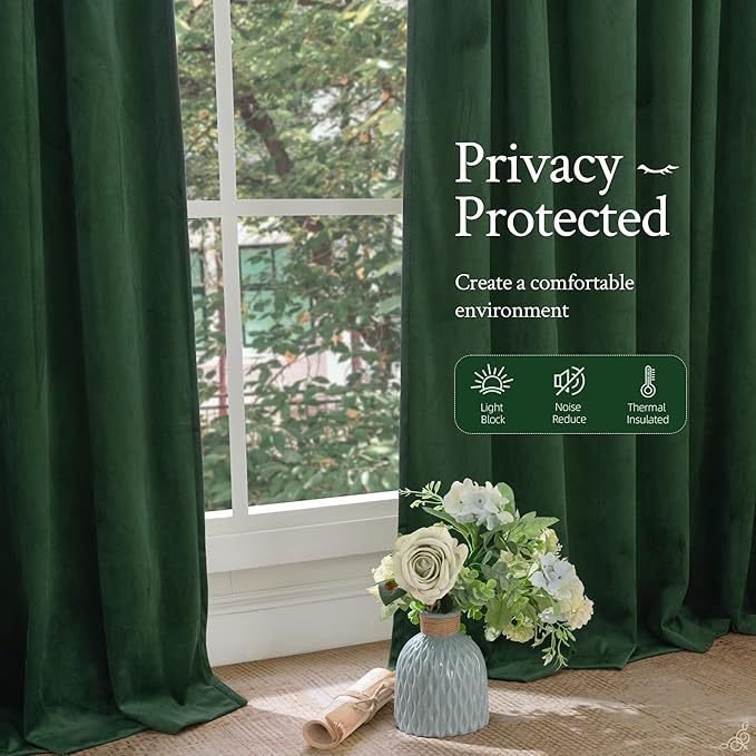 LAMIT Emerald Green Velvet Curtains 96 Inch for Living Room, Thermal Insulated Room Darkening Drapes Noise Reducing Back Tab and Rod Pocket Christmas Panels for Bedroom, Set of 2 Panels, 52 x 96 Inch